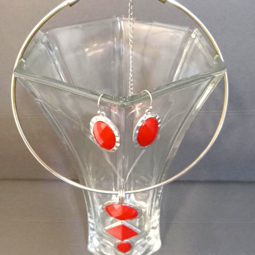 C 1948 Tork Necklace And Earring Set Silver Tone Red Plastic Metal Ring